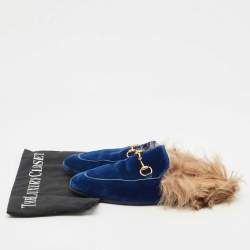 Pre Owned Gucci Blue Velvet and Fur Lined Princetown Flat Mules Size 38