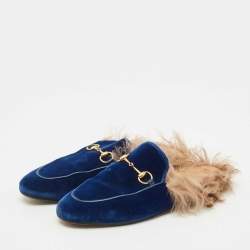Pre Owned Gucci Blue Velvet and Fur Lined Princetown Flat Mules Size 38