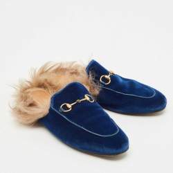 Pre Owned Gucci Blue Velvet and Fur Lined Princetown Flat Mules Size 38