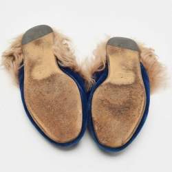 Pre Owned Gucci Blue Velvet and Fur Lined Princetown Flat Mules Size 38