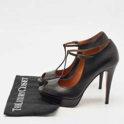 Pre Owned Gucci Black Leather Betty T-Strap Platform Pumps Size 38.5