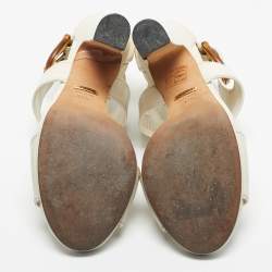 Pre Owned Gucci Cream Leather Lifford Bamboo Buckle Block Heel Sandals Size 37.5