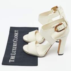 Pre Owned Gucci Cream Leather Lifford Bamboo Buckle Block Heel Sandals Size 37.5