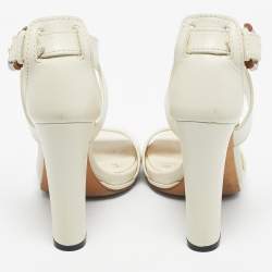 Pre Owned Gucci Cream Leather Lifford Bamboo Buckle Block Heel Sandals Size 37.5