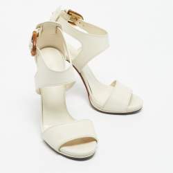 Pre Owned Gucci Cream Leather Lifford Bamboo Buckle Block Heel Sandals Size 37.5