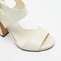 Pre Owned Gucci Cream Leather Lifford Bamboo Buckle Block Heel Sandals Size 37.5