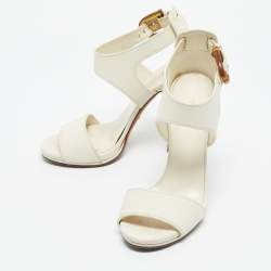 Pre Owned Gucci Cream Leather Lifford Bamboo Buckle Block Heel Sandals Size 37.5