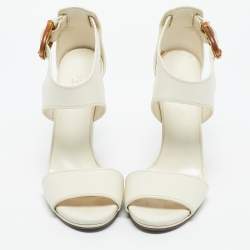 Pre Owned Gucci Cream Leather Lifford Bamboo Buckle Block Heel Sandals Size 37.5