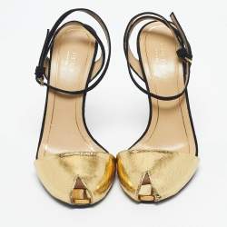 Pre Owned Gucci Gold/Black Leather And Suede Delphine Ankle Strap Sandals Size 37.5