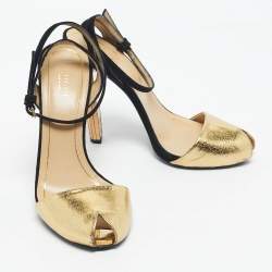 Pre Owned Gucci Gold/Black Leather And Suede Delphine Ankle Strap Sandals Size 37.5