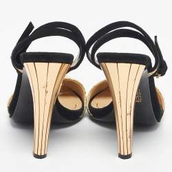 Pre Owned Gucci Gold/Black Leather And Suede Delphine Ankle Strap Sandals Size 37.5