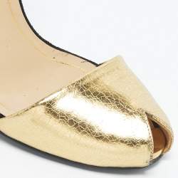 Pre Owned Gucci Gold/Black Leather And Suede Delphine Ankle Strap Sandals Size 37.5