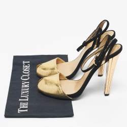 Pre Owned Gucci Gold/Black Leather And Suede Delphine Ankle Strap Sandals Size 37.5