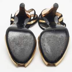 Pre Owned Gucci Gold/Black Leather And Suede Delphine Ankle Strap Sandals Size 37.5