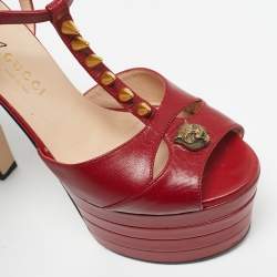 Pre Owned صندل غووتشي سيور كاحل منصة مكلل بجلد أحمر مرصع مقاس 38.5