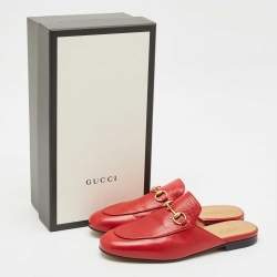 Pre Owned Gucci Red Leather Princetown Flat Mules Size 37