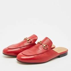 Pre Owned Gucci Red Leather Princetown Flat Mules Size 37