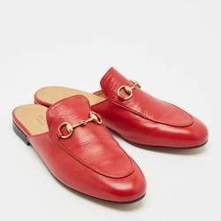 Pre Owned Gucci Red Leather Princetown Flat Mules Size 37