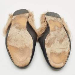 Pre Owned Gucci Black Tiger Embroidered Leather And Fur Princetown Horsebit Mule Sandals Size 37