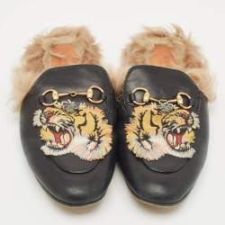 Pre Owned Gucci Black Tiger Embroidered Leather And Fur Princetown Horsebit Mule Sandals Size 37
