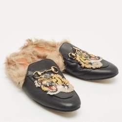 Pre Owned Gucci Black Tiger Embroidered Leather And Fur Princetown Horsebit Mule Sandals Size 37
