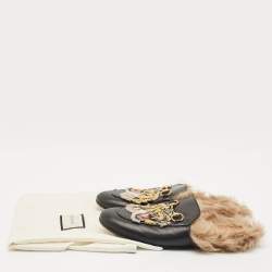 Pre Owned Gucci Black Tiger Embroidered Leather And Fur Princetown Horsebit Mule Sandals Size 37