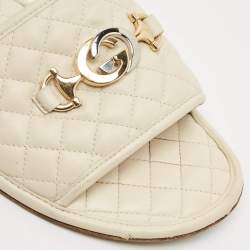 Pre Owned Gucci Cream Leather GG Logo Flat Slides Size 37