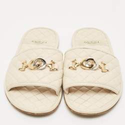 Pre Owned Gucci Cream Leather GG Logo Flat Slides Size 37
