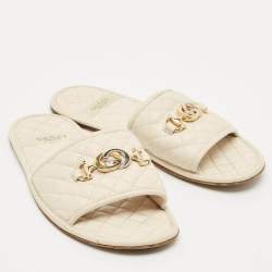 Pre Owned Gucci Cream Leather GG Logo Flat Slides Size 37