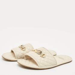 Pre Owned Gucci Cream Leather GG Logo Flat Slides Size 37