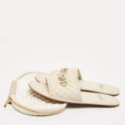 Pre Owned Gucci Cream Leather GG Logo Flat Slides Size 37