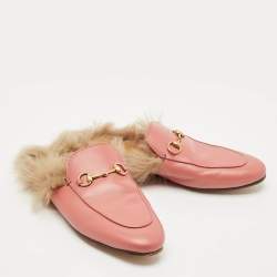 Pre Owned Gucci Pink Leather And Fur Princetown Sandals Size 40