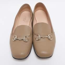 Pre Owned Gucci Dark Beige Leather Horsebit Slip On Loafers Size 38