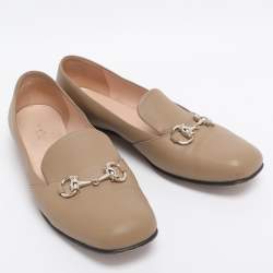 Pre Owned Gucci Dark Beige Leather Horsebit Slip On Loafers Size 38