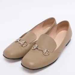 Pre Owned Gucci Dark Beige Leather Horsebit Slip On Loafers Size 38