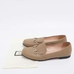 Pre Owned Gucci Dark Beige Leather Horsebit Slip On Loafers Size 38