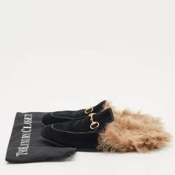 Pre Owned Gucci Black Velvet And Fur Lined Princetown Flat Mules Size 36.5