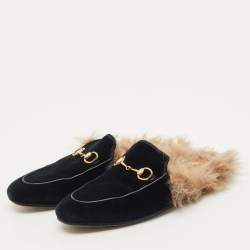 Pre Owned Gucci Black Velvet And Fur Lined Princetown Flat Mules Size 36.5