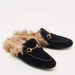 Pre Owned Gucci Black Velvet And Fur Lined Princetown Flat Mules Size 36.5