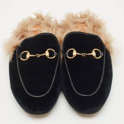 Pre Owned Gucci Black Velvet And Fur Lined Princetown Flat Mules Size 36.5