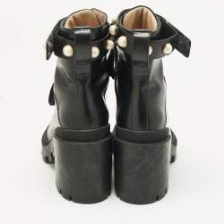 Pre Owned Gucci Black Leather Faux Pearl Embellished Trip Ankle Length Boots Size 36