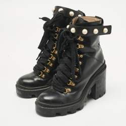 Pre Owned Gucci Black Leather Faux Pearl Embellished Trip Ankle Length Boots Size 36