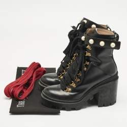 Pre Owned Gucci Black Leather Faux Pearl Embellished Trip Ankle Length Boots Size 36