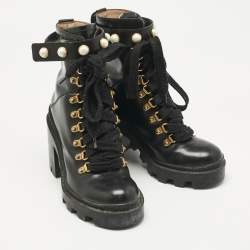 Pre Owned Gucci Black Leather Faux Pearl Embellished Trip Ankle Length Boots Size 36