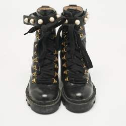 Pre Owned Gucci Black Leather Faux Pearl Embellished Trip Ankle Length Boots Size 36