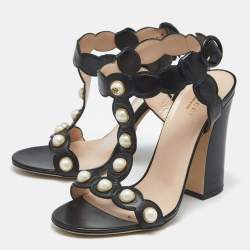 Pre Owned Gucci Black Leather Pearl Embellished Ankle Strap Sandals Size 40