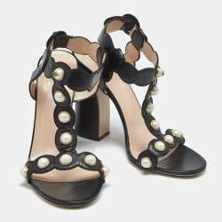 Pre Owned Gucci Black Leather Pearl Embellished Ankle Strap Sandals Size 40