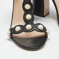 Pre Owned Gucci Black Leather Pearl Embellished Ankle Strap Sandals Size 40