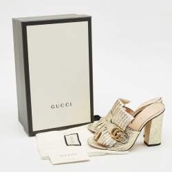 Pre Owned Gucci Gold Crinkled Leather Marmont GG Fringe Mule Sandals Size 38