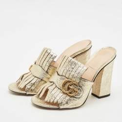 Pre Owned Gucci Gold Crinkled Leather Marmont GG Fringe Mule Sandals Size 38